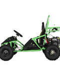 Side view of Gas Powered Go Kart With Pull Start, 49cc 4 Stroke Engine, Rear Disc Brake, 6 Inch Wheels, Green Finish, Durable Frame