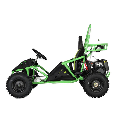 Side view of Gas Powered Go Kart With Pull Start, 49cc 4 Stroke Engine, Rear Disc Brake, 6 Inch Wheels, Green Finish, Durable Frame