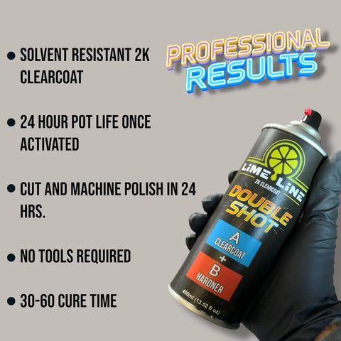 2K Clearcoat Spray For Automotive Finish With Dual Chamber Activation, solvent resistant features on can held by gloved hand
