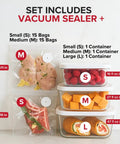 Compact Vacuum Sealer Kit With Glass Storage Containers And 30 Reusable Bags showing sealed bags and containers with food