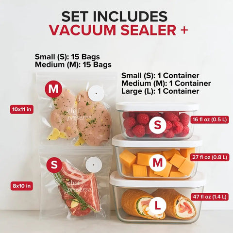Compact Vacuum Sealer Kit With Glass Storage Containers And 30 Reusable Bags showing sealed bags and containers with food