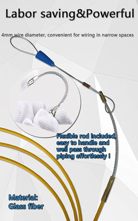 Close-up of 4mm 150-Foot Steel Wire Puller With Storage Case, flexible wire showing threading through a tight space.