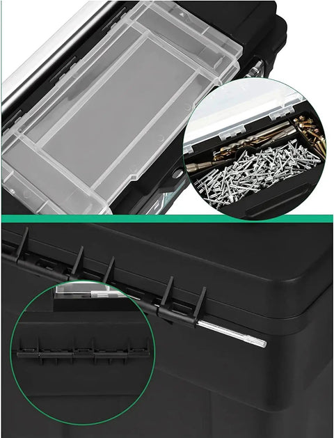 Close-up of Beefy High Capacity Plastic Tool Box With Lift Out Organizer Tray Durable Storage Case for Tools