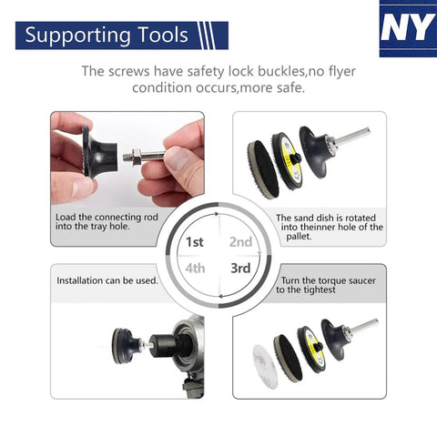 Instructions illustrating assembly for 2 Inch Sanding Disc Kit For Die Grinder And Drill With One Eighth Inch And One Quarter Inch Shank Pad Holder