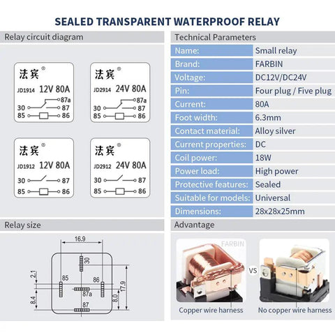 Air Horn Relay Wiring Harness Kit 12V 80A For Cars Trucks And Motorcycles 4 Pin Relay with technical specifications chart