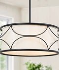 Dope Modern Drum Chandelier Pendant Light with Black Metal Frame and Fabric Shade for Kitchen Island and Dining Room