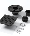 6 Inch Matte Black Square Shower Drain With Removable Flange Quadrato Grid Pattern In 304 Stainless Steel.