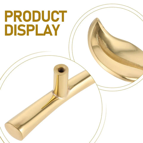 Close-up of gold ergonomic metal cabinet handles, heavy duty solid hardware, right-hand friendly grips, modern look, built to last.