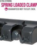 Heavy Duty Broom And Mop Wall Mount Organizer With Five Slots And Six Hooks Wall Mounted Broom Rack For Brooms Mops And Cleaning Tools, close-up of spring-loaded clamp with hooks.