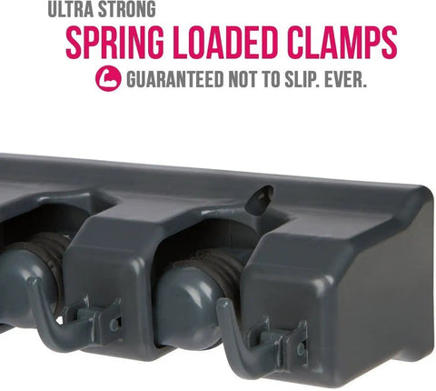 Close-up of Mop And Broom Wall Mount Organizer with ultra-strong spring-loaded clamps and hooks