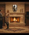 Medieval Crusader Steel Shield Beefy 18 Gauge Armor Handcrafted Warrior Shield displayed above a cozy fireplace