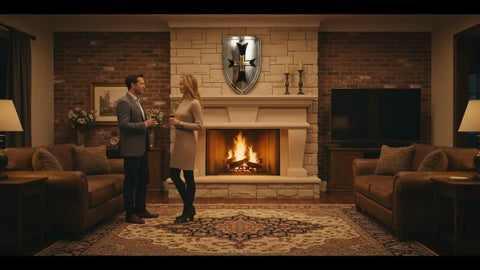 Medieval Crusader Steel Shield Beefy 18 Gauge Armor Handcrafted Warrior Shield displayed above a cozy fireplace