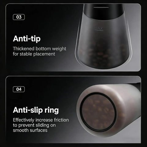 Smart Vacuum Coffee Bean Storage Container With Digital Temperature And Humidity Display Tracks Freshness, showing anti-tip and anti-slip features.