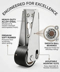 Heavy Duty Sliding Door Vertical Track Rollers Rock Solid Alloy Steel Design with rubber wheels and adjustable mounting slots.
