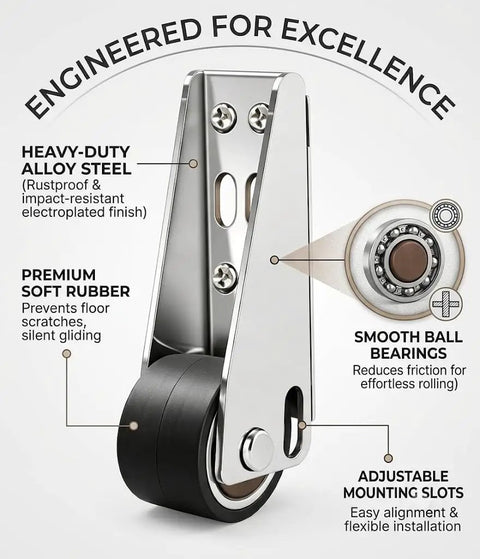 Heavy Duty Sliding Door Vertical Track Rollers Rock Solid Alloy Steel Design with rubber wheels and adjustable mounting slots.