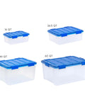 Four stackable 60-quart clear airtight storage totes with secure latching lids, perfect for garage and closet organization.
