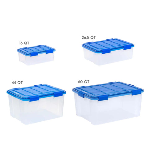 Four stackable 60-quart clear airtight storage totes with secure latching lids, perfect for garage and closet organization.