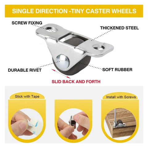 8 Pack Silent Mini Caster Wheels 0.5 Inch for Carts and Trolleys, tiny rubber wheels with steel brackets and installation options