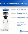 Glass research vial with blue cap, aluminum seal, rubber silicone stopper; JRGlobals logo