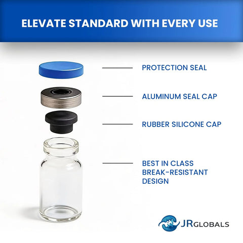 Glass research vial with blue cap, aluminum seal, rubber silicone stopper; JRGlobals logo