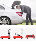 Heavy Duty Foldable Platform Truck Dolly With Four Quiet Ball Bearings And Rugged Plastic Deck For No Sweat Hauling And Quick Fold Storage In Every Home Space with a man loading items from a car.
