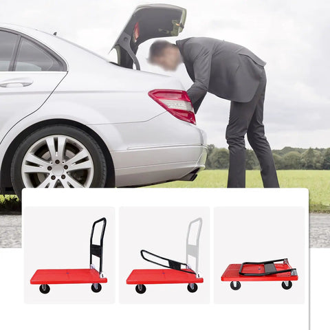 Heavy Duty Foldable Platform Truck Dolly With Four Quiet Ball Bearings And Rugged Plastic Deck For No Sweat Hauling And Quick Fold Storage In Every Home Space with a man loading items from a car.