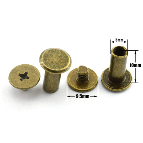 No Sweat Chicago Screws Featuring Phillips Drive Binding Rivets Copper Plated Carbon Steel Fasteners For Leathercraft And Diy Bookbinding Jobs Built Like Iron 5X10Mm Bronze Hardware 50 Pack with dimensions shown.