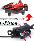 JFOYH 4-Piston hydraulic disc brake set for mountain bike; two calipers, red front and black rear with levers