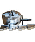 Front view: 4-jaw lathe chuck, 160mm metal, with black mounting handle for CNC machines