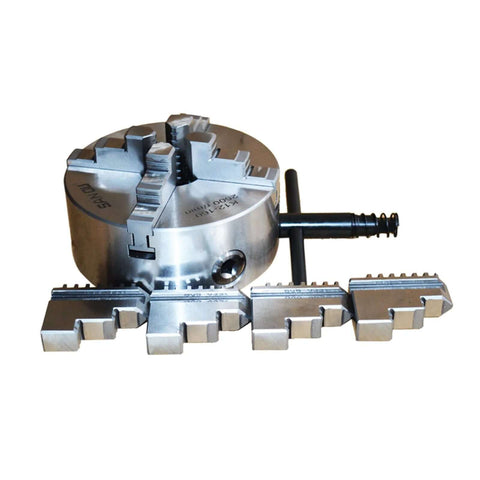 Front view: 4-jaw lathe chuck, 160mm metal, with black mounting handle for CNC machines