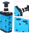 Manual Control Pressure Valve For Pneumatic Systems, 2 Position 3 Way Aluminum Body With PVC Seals, close-up details of ports and handle