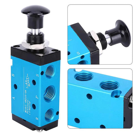 Manual Control Pressure Valve For Pneumatic Systems, 2 Position 3 Way Aluminum Body With PVC Seals, close-up details of ports and handle