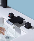 Waterfall Bathroom Sink Faucet Set Matte Black Sleek Widespread 8 Inch Deck Mounted 3 Hole Basin With 2 Square Handles