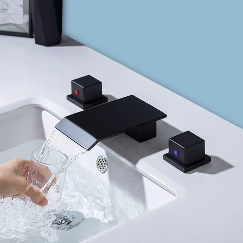 Waterfall Bathroom Sink Faucet Set Matte Black Sleek Widespread 8 Inch Deck Mounted 3 Hole Basin With 2 Square Handles