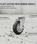 Heavy Duty Swivel Plate Caster Replacements Crafted From Solid Steel, featuring a rubber wheel designed for all-terrain mobility.
