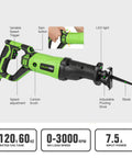 900W Reciprocating Saw With Variable Speed And LED Work Light showing adjustable angle and blade, 3000 SPM, 22mm stroke