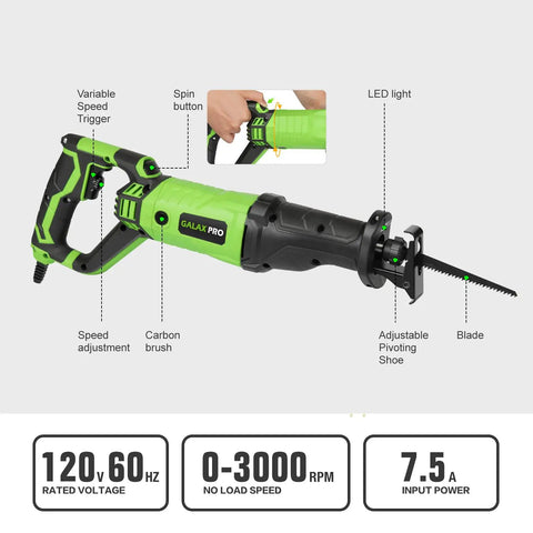 900W Reciprocating Saw With Variable Speed And LED Work Light showing adjustable angle and blade, 3000 SPM, 22mm stroke