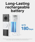 Hella Crisp 2K Wireless Smart Video Doorbell With Built In Chime, 160 Degree Ultra Wide Angle Lens, Dead Simple App Setup, Rock Solid Home Security, Weather Proof Design, And Slick Modern Look, showing a long-lasting rechargeable battery designed for extended use.