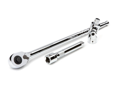Three Fourths Inch Drive Six Point Socket And Ratchet Set components: quick-release ratchet, universal joint, and extension.