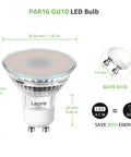 GU10 Smart RGB LED Bulb side view with dimensions, no hub required, dimmable via app, 2.4G WiFi, works with Alexa and Google Assistant