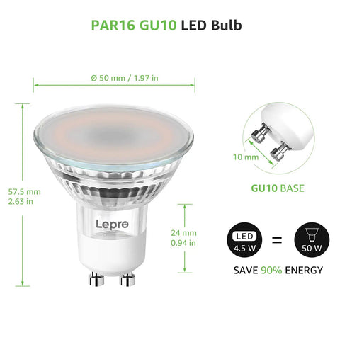 GU10 Smart RGB LED Bulb side view with dimensions, no hub required, dimmable via app, 2.4G WiFi, works with Alexa and Google Assistant
