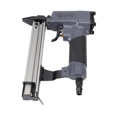Heavy Duty Pneumatic Brad Nailer Dead Quiet Air Nail Gun with 100 Nail Capacity showing side view with air connection and jam release feature.