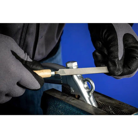 Six Piece Four Inch Key File Set With Handy Wooden Handles In Protective Plastic Pouch used for precise metal filing.