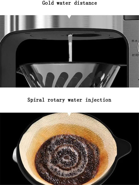 Five Cup Coffee Maker With Glass Carafe, One Touch Brew, Smart Temperature Control, showing water injection and grounds