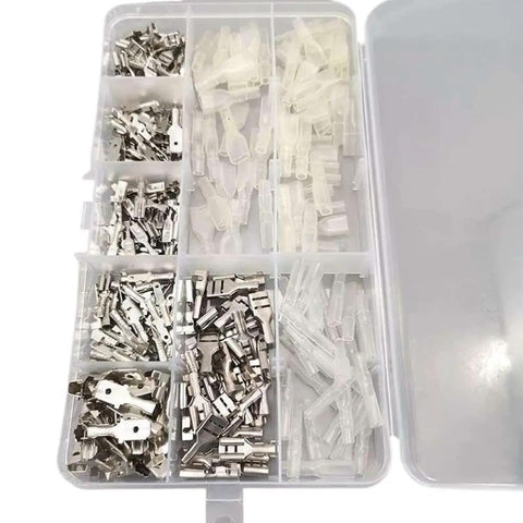 Get Your 270-Piece Terminal Kit Crimp Connectors With Cool Male And Female Spade Terminals Perfect For Wires, Repairs, Wiring Up Any Electrical Junk Or DIY Gadgets You Got Going Round The Neighborhood. clear plastic 270-piece terminal kit with metal and nylon spade connectors