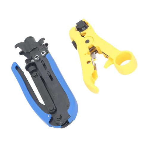 All In One Coax Cable Tool Kit With Adjustable F Head And Anti Slip Grip, showing compression tool and precision wire stripper