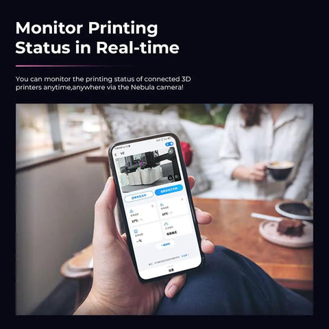 Person holding phone showing Nebula Camera For 3D Printing With Real Time Monitoring And Time Lapse Spaghetti Detection