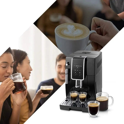 Fully Automatic Espresso Machine With Built In Grinder And 1800Ml Tank Cranks Out Smooth Shots featuring cups of coffee and latte art.