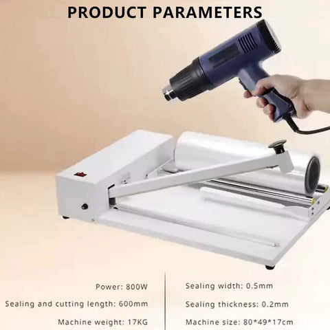 Pro Grade Manual Heat Seal And Cut Machine For Shrink Wrap With Industrial Iron Body High Power Seamer and cutting tool with heat gun.