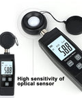 Handheld Lux Meter For Ambient Light Monitoring With MAX MIN Data Hold Digital Photometer Reads Up To 200000 Lux For Grow Lights Plants Aquarium Or Indoor LED Setup For Home Office Or School Use, black sensor and display